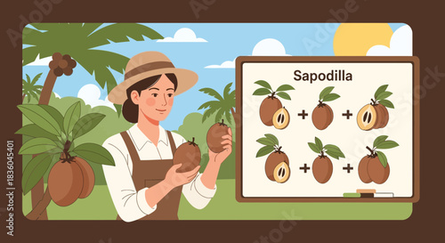 Educational Illustration of a Sapodilla Fruit Lesson with a Female Farmer