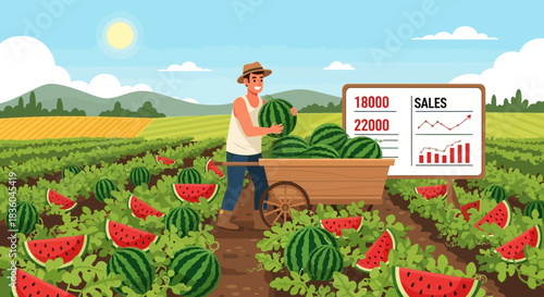 Successful watermelon farm business showing increasing sales and a happy farmer
