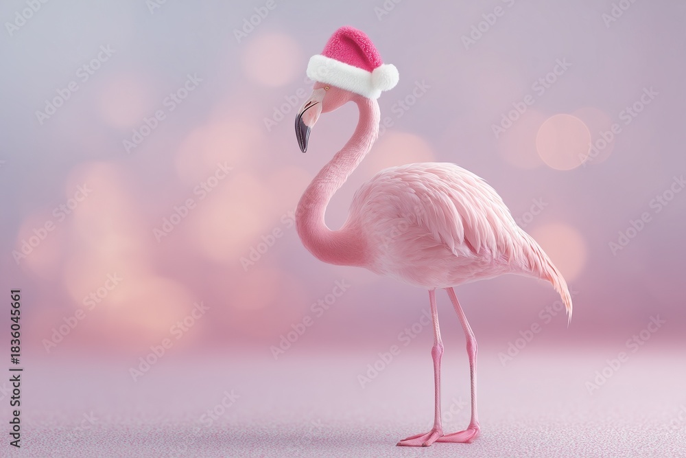 Fototapeta premium A pink flamingo wearing a Santa hat on a pastel background.