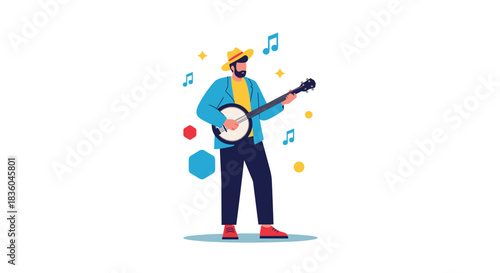 A colorful flat vector illustration of a man with a beard and hat playing the banjo surrounded by musical notes.