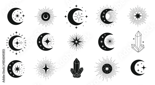 A captivating collection of black and white celestial icons featuring crescent moons stars and crystals perfect for mystical designs.