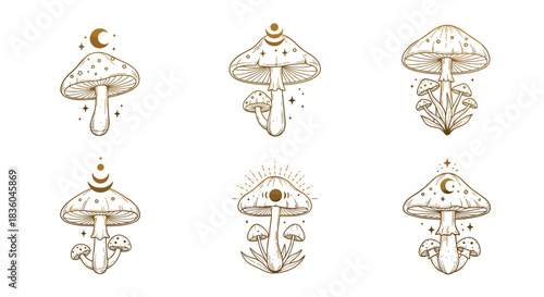 Elegant set of golden celestial mushrooms with crescent moons and stars in a hand-drawn line art style for magical designs.