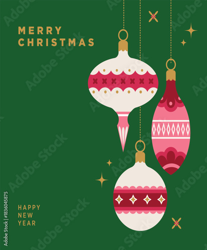 Festive Christmas and New Year greetings featuring hanging ornaments on a green background