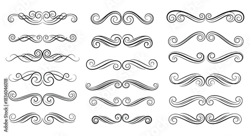 Collection of elegant calligraphic flourishes and page dividers with a hand-drawn charcoal texture for classic design projects.