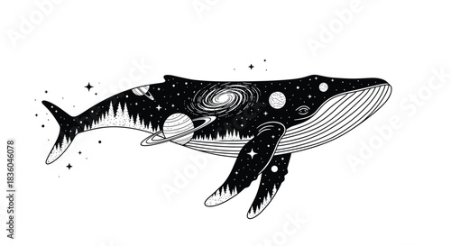 Mystical black and white illustration of a celestial whale with a galaxy planets and a forest silhouette inside its body design.