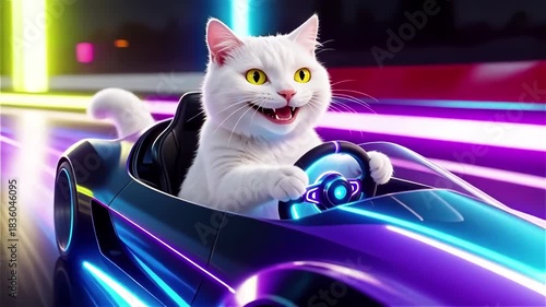 White cat with predatory grin rides glowing neon racing car around track. Portrait of playful cat, fueled by adrenaline and thirst for victory.