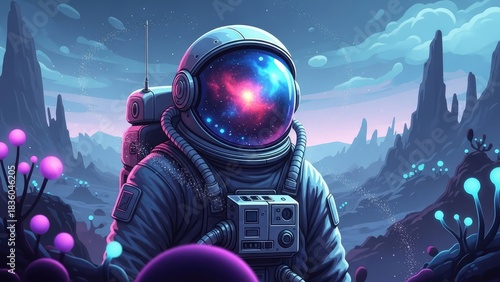 Astronaut in Surreal Alien Landscape: Pink Cyan Flora Cosmic Reflection