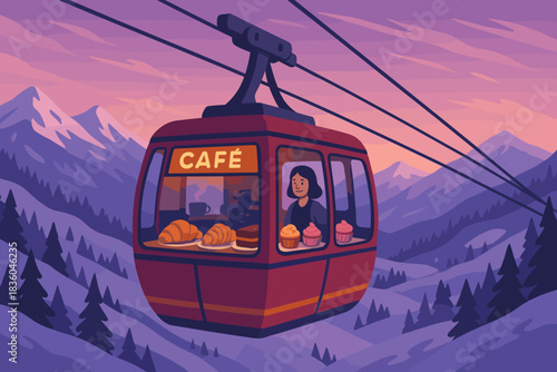 Cozy cafe in a mountain gondola at sunset serving delicious pastries and warm drinks