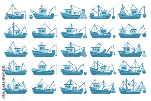 Fishing boats in various designs show maritime activity in a coastal setting on a sunny day