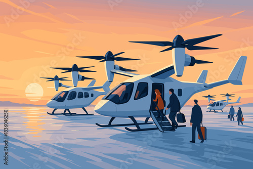 Modern air travel at sunset with electric helicopters and passengers boarding on the runway in serene landscape