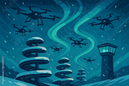 Drones flying over a winter landscape with northern lights and control tower at night