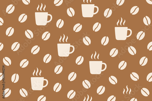 Coffee cups and beans pattern on brown background suitable for textiles and wrapping paper design