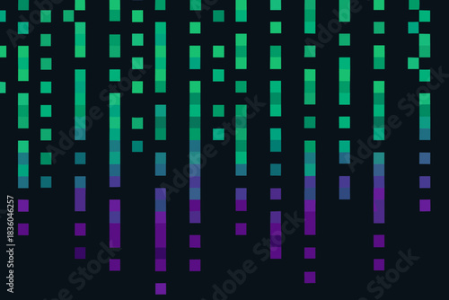 Vibrant geometric pattern featuring vertical lines and squares in shades of green and purple on a dark background