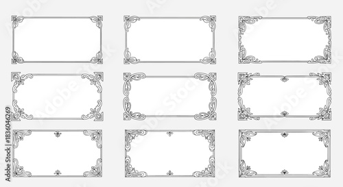 Set of nine elegant rectangular vintage frames with ornate floral corners perfect for certificates invitations or classic design projects.