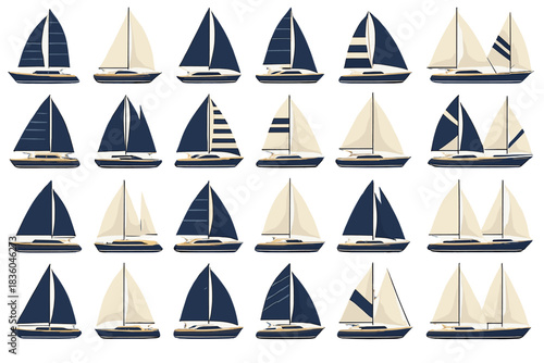 Various sailboat designs against a white background showcasing different colors and patterns