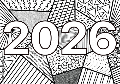 2026 New Year Doodle Coloring Sheet – Abstract Pattern