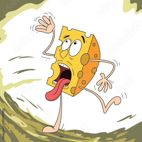 Cartoon cheese character running with a scared expression and tongue out