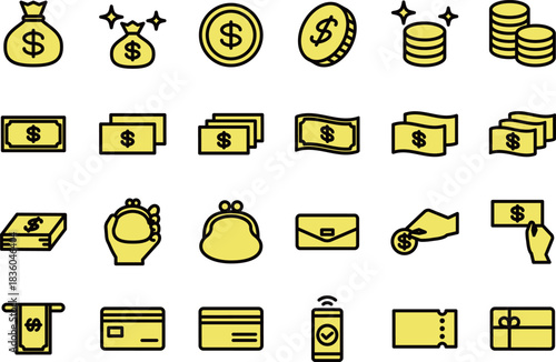 ショッピング・購入のシンプルな黒い線画の黄色いアイコンセット