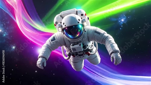 Astronaut in suit with oxygen tanks levitates in space. Space explorer in brightly colored neon lines in outer space.