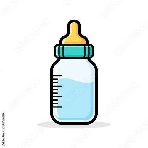 Infant feeding bottle filled with liquid and clear measuring scale