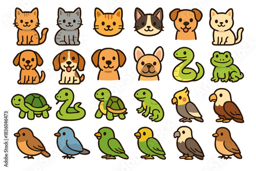 Cute animal faces featuring cats, dogs, birds, and reptiles in a vibrant and playful design for children's decor or educational use