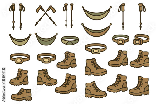 Collection of outdoor gear items including hiking boots, belts, and hammocks for camping adventures