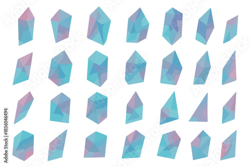 Collection of geometric crystal shapes in soft pastel hues arranged in a pattern