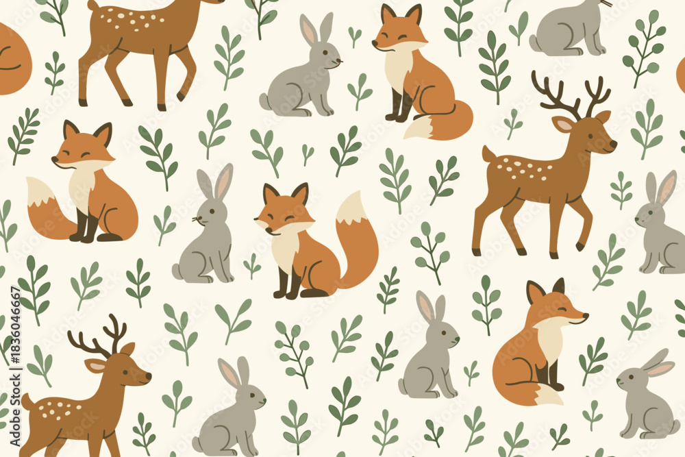Obraz premium Cute forest animals illustration featuring deer, rabbits, and foxes in a whimsical design on a neutral background