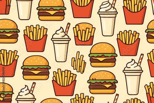 Fun fast food pattern featuring burgers, fries, and drinks in a playful design for food lovers