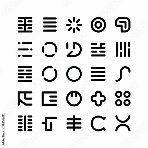 Collection of abstract geometric symbols and icons in a grid format