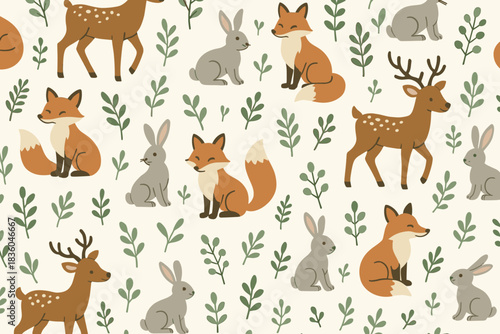 Cute forest animals illustration featuring deer, rabbits, and foxes in a whimsical design on a neutral background