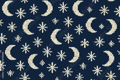 Intricate pattern of moons and snowflakes on a dark blue background showcasing winter themes