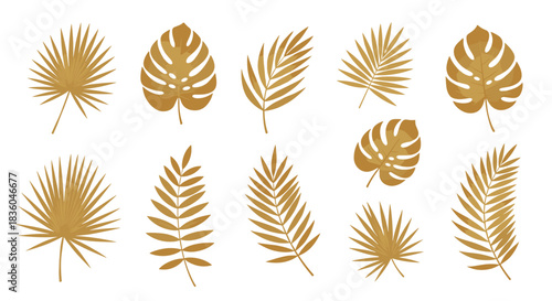 Set of golden tropical leaves including monstera and various palm fronds with a textured effect perfect for luxurious summer designs.