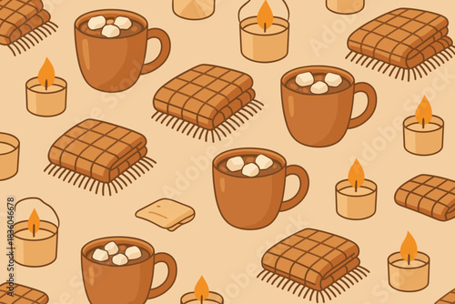 Cozy hot chocolate scene with mugs, blankets, and candles in a warm and inviting atmosphere