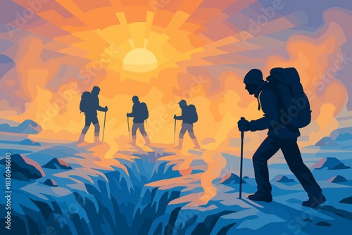 Adventurers trek through a snowy landscape at sunrise, enjoying the beauty of nature and chilly air