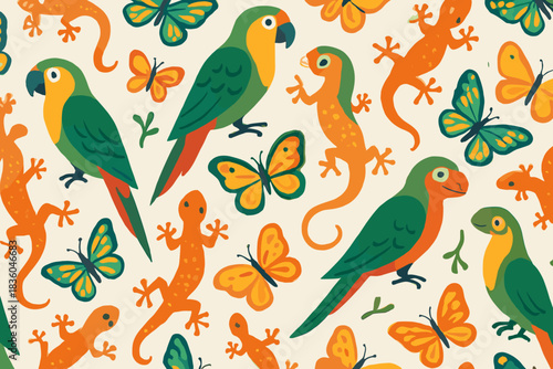 Colorful illustration of tropical birds, lizards, and butterflies in a lively pattern suitable for various design projects