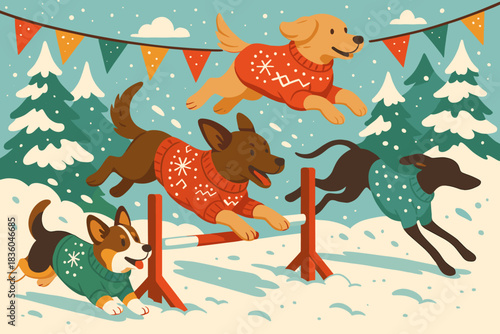 Dogs in festive sweaters leap over hurdles in a snowy winter wonderland during a cheerful outdoor activity