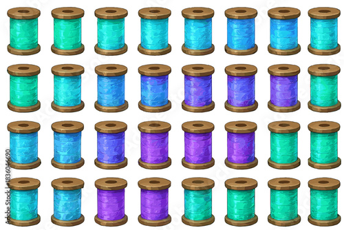 Colorful spools of thread arranged in neat rows, showcasing various shades of blue and purple
