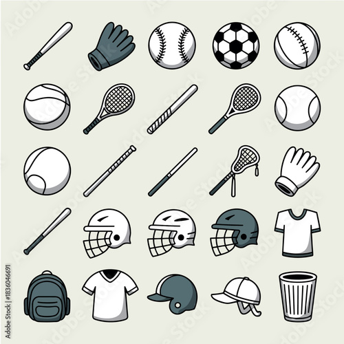 Collection of hand drawn sports equipment and apparel on a light background