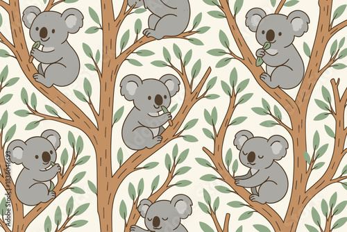Cute koalas resting and eating eucalyptus leaves in a whimsical tree pattern design