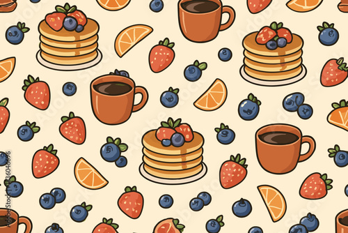 Colorful pancake and coffee pattern with fruit design perfect for kitchen decor or breakfast themes