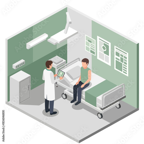 Doctor Consulting Patient In Hospital Room Isometric View.