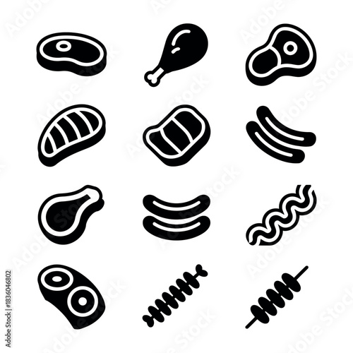 Collection of black and white meat icons for food and cooking concepts