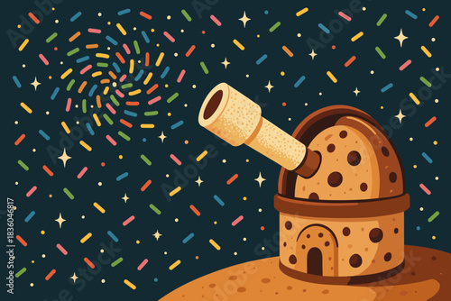 Creative dessert-themed observatory stands on a cosmic landscape with swirling colors and sprinkles under a starry sky