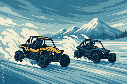 Off-road vehicles race across a snowy landscape with mountains in the background during winter morning hours