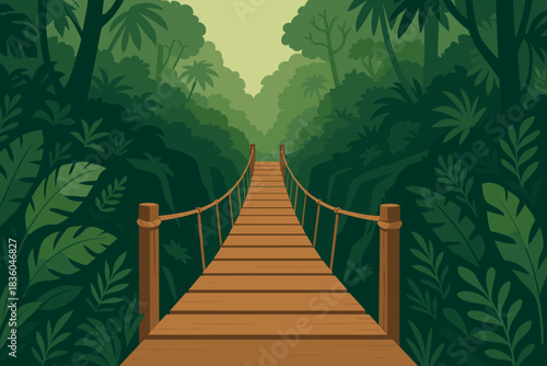 Wooden suspension bridge leads through lush greenery in tropical forest at dawn
