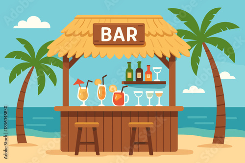 Tropical beach bar with colorful cocktails and palm trees beside the ocean