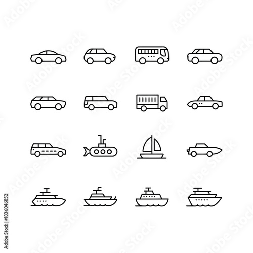 Set of simple line art icons representing various modes of transportation
