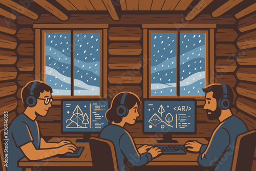 Three people working together on computers in a cozy cabin while snow falls outside during winter