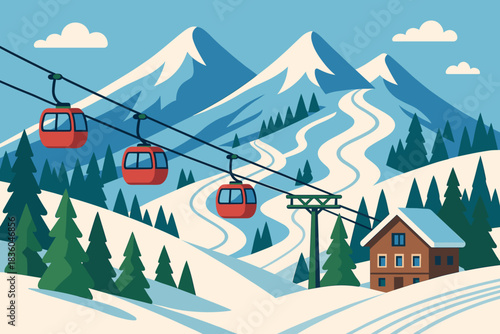 Scenic winter landscape with ski gondolas, mountains, and cabin under clear blue sky